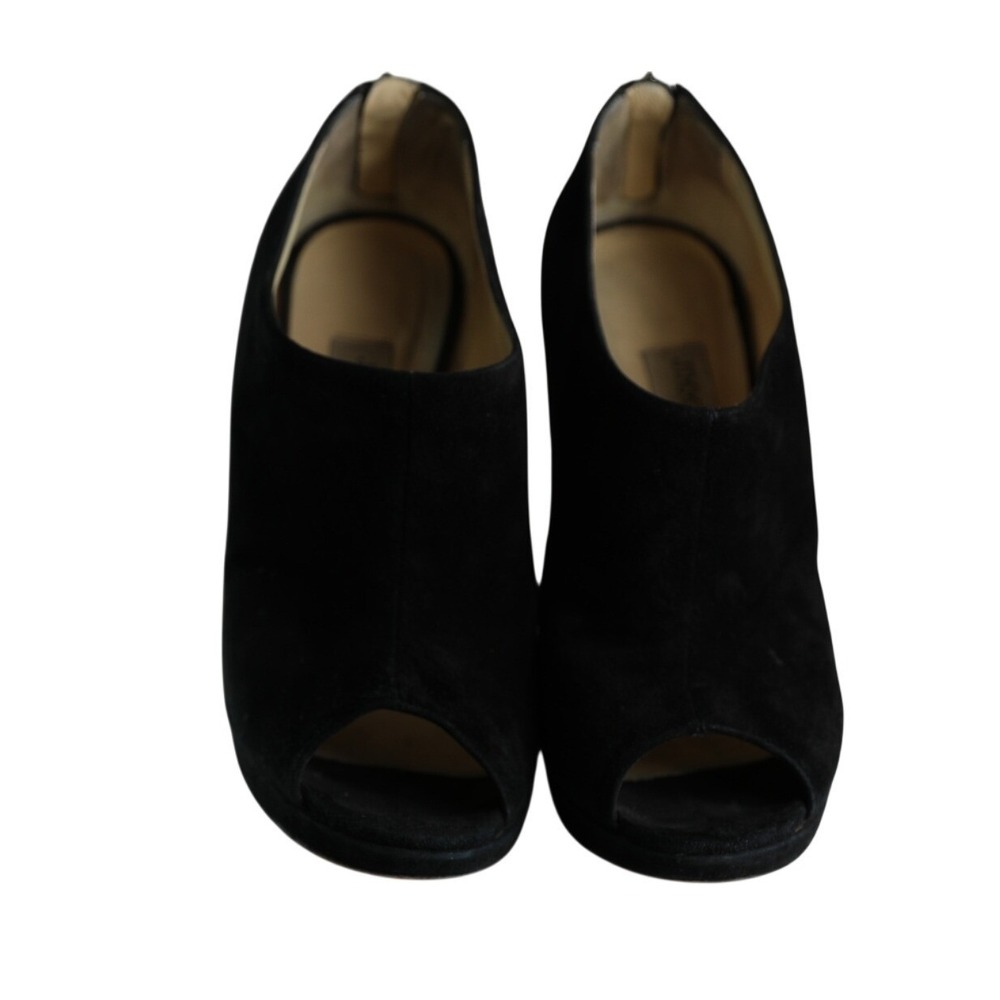 Jimmy Choo Black Suede Peep Toe Platform Booties Heel Size 39.5 Made in Italy